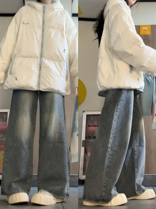 

Теплая сине-белая контрастная хлопковая куртка с капюшоном, женская зимняя новинка, свободная универсальная куртка-пуховик на молнии