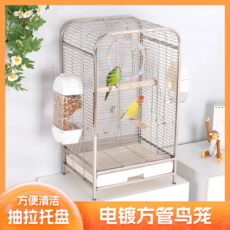 Electroplating square tube bird cage large household budgie luxury villa new pearl bird splash-proof bird cage Xuanfeng