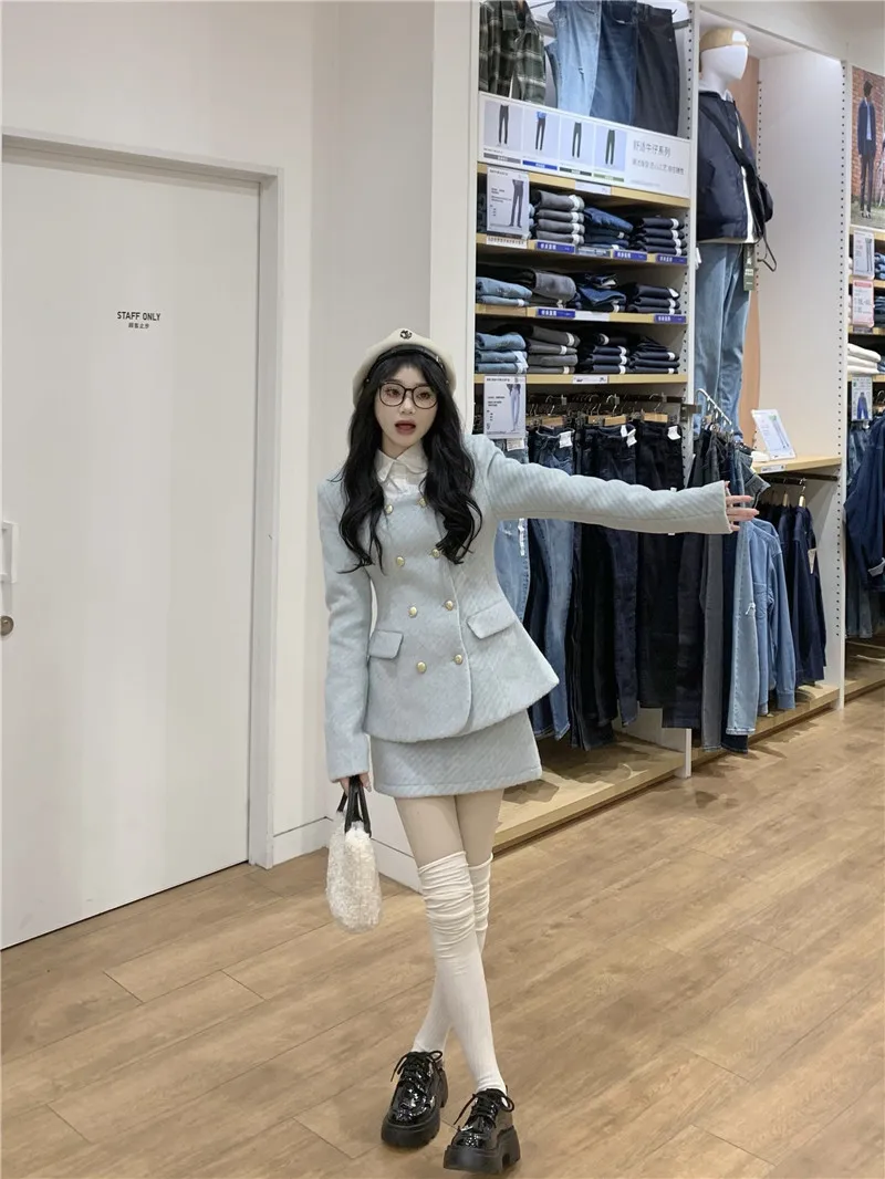 Fashion Socialite Women's Woolen Suit Jacket Autumn and Winter Elegant Slim-fit Coat Top Woolen Skirt Office Lady Two-piece Set