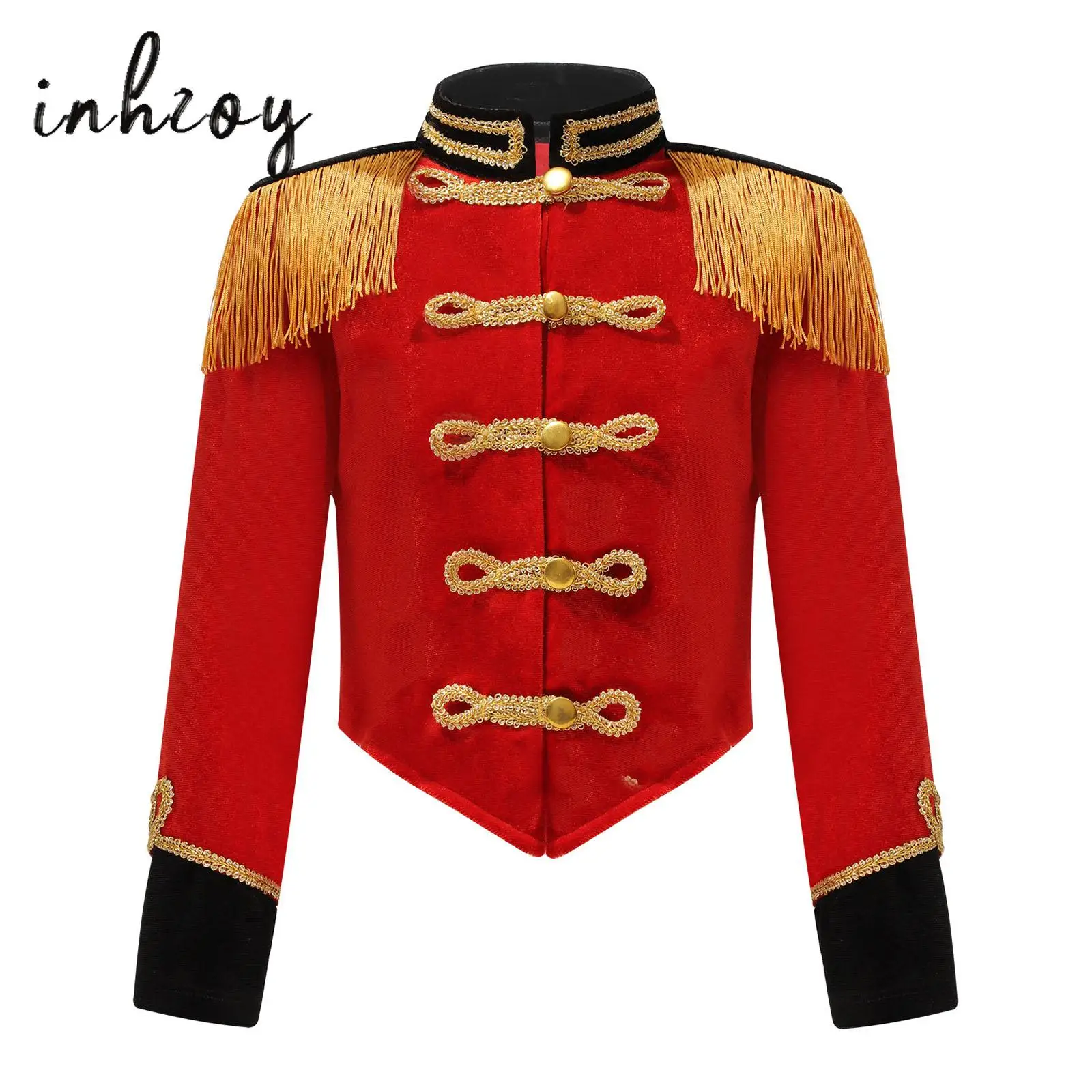 

Kids Girl Circus Costume Ringmaster Jacket Stand Collar Long Sleeve Fringe Tassel Epaulet Jacket Drummer Performance Velvet Coat