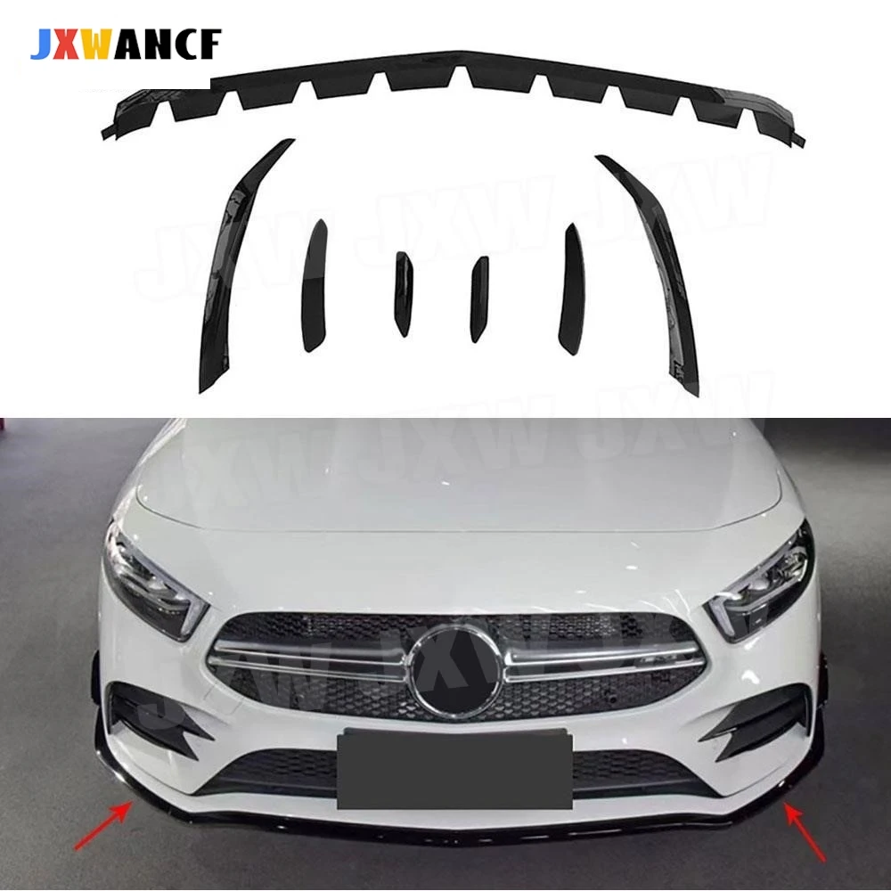 

JXWANCF ABS Gloss Black 7PCS Front Bumper Lip Chin Splitters With Side Trims For Benz A Class W177 A35 AMG 2019-2022 Sedan