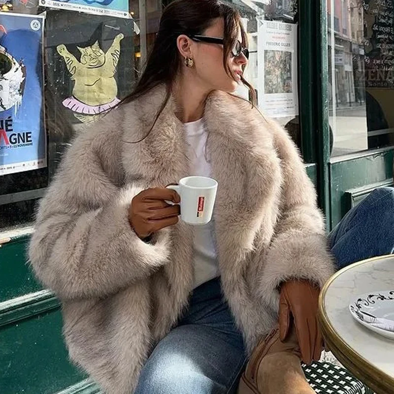 Autumn Winter Faux Fur Coat  Suit Collar Thickened Warm Fluffy CoatShort Street Style Fox Fur Jacket Peludo Chaqueta Mujer