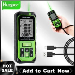 Huepar Green Beam Laser Distance Measure Rechargeable Laser Measurement Tool M/in/Ft/Ft+in Digital Meter with Angle Sensor LCD