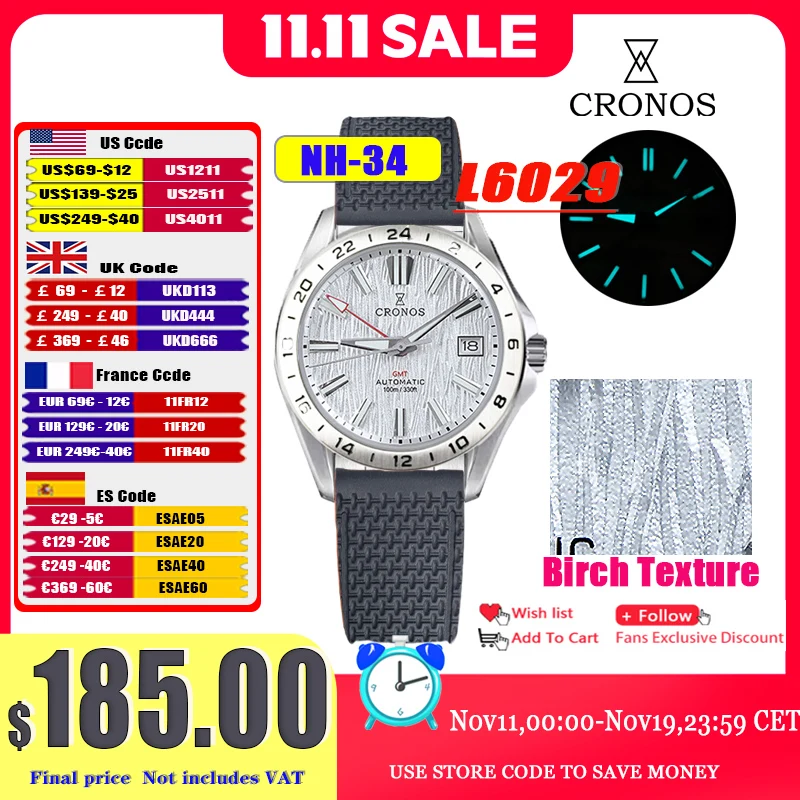 Cronos GS 39mm textura Dial mecánico hombres reloj NH34 mecánico automático burbuja cristal de zafiro pulsera cepillada 10ATM L6029 V2