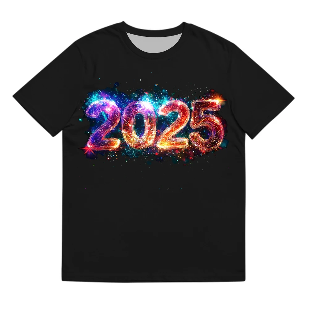 2025 New Tees Happy New Year 3D Printing Graphic T-shirt 100% Cotton Short-sleeved T Unisex Casual Tops Kids New Year Gifts
