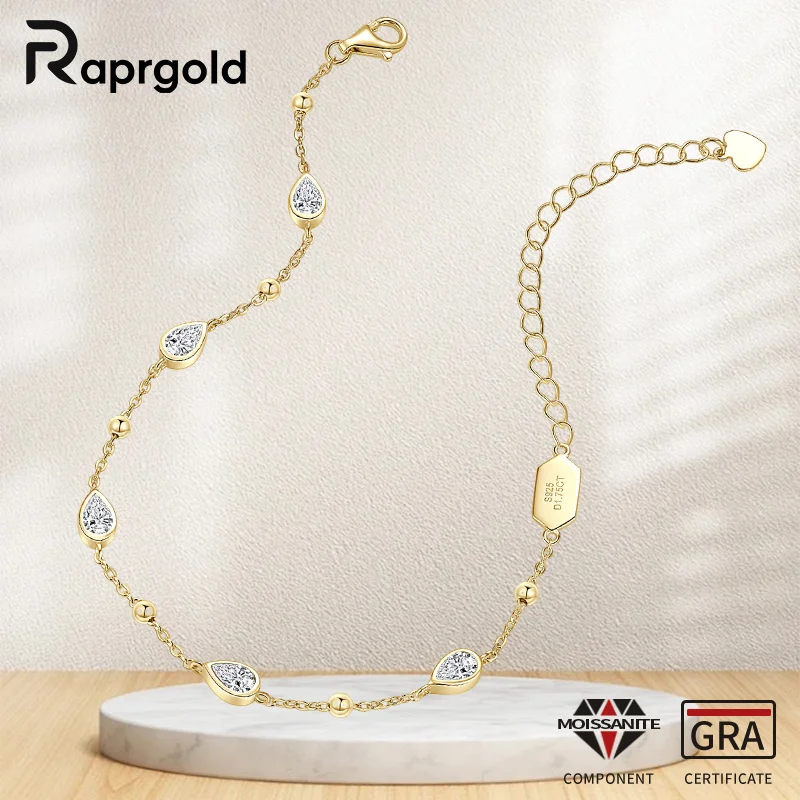 

RAPRGOLD грушевидная огранка 0,35 карата пяти муассанитовых браслетов-цепочек для женщин настоящие браслеты из стерлингового серебра S925 свадебные ювелирные изделия подарки