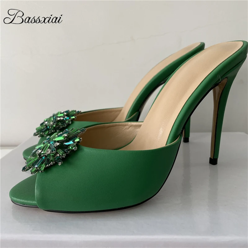 

Летние сабо из натуральной кожи с босоножками на шпильке 10 см, женские сандалии с декоративной пряжкой и стразами