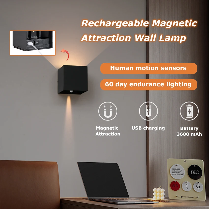 Motion Sensor Night LED Lights Type-C Rechargeable Magnetic Attraction Wall Lamp for Hotel Living room Bedroom Study Lighting