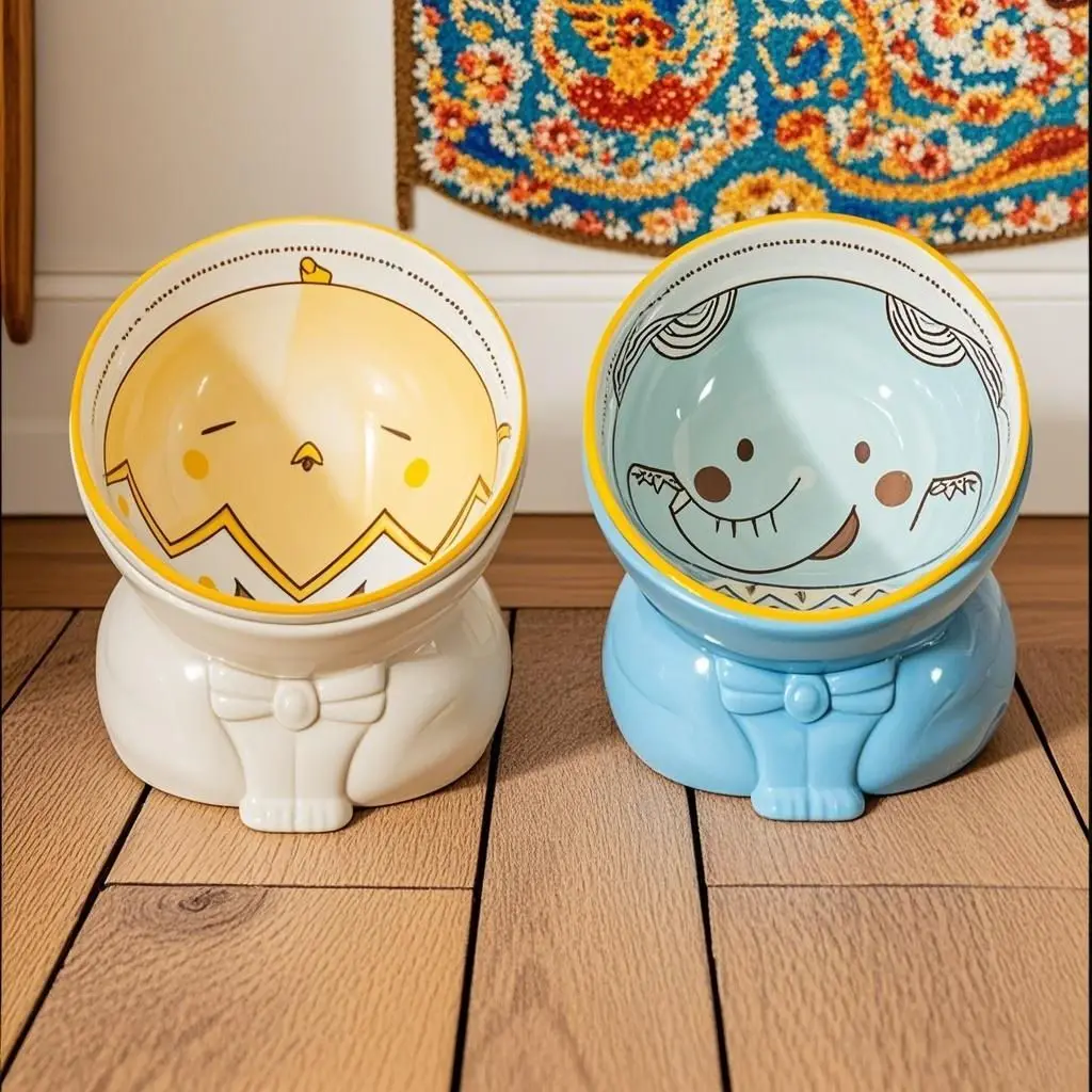 Cute Ceramic Cat Bowls with Base,Neck Protection Cat Food Bowl,High Footed Drinking Basin,Slanted Mouth Anti Black Chin Pet Bowl