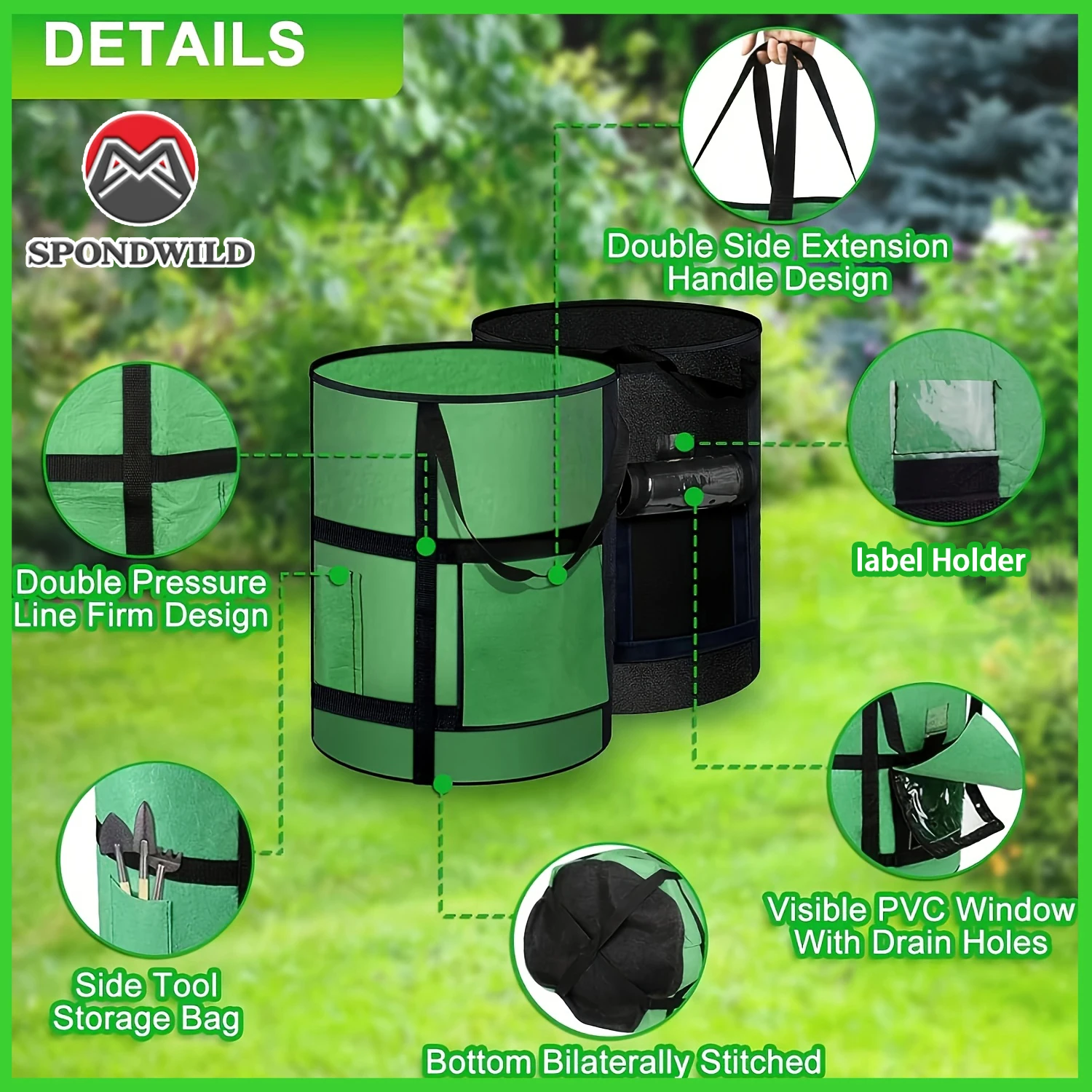 

7Gal Potato Grow Bag, Reinforced Base & Light-Blocking Layer, Vented Non-Woven Planter in Black/Green for Root Vegetables