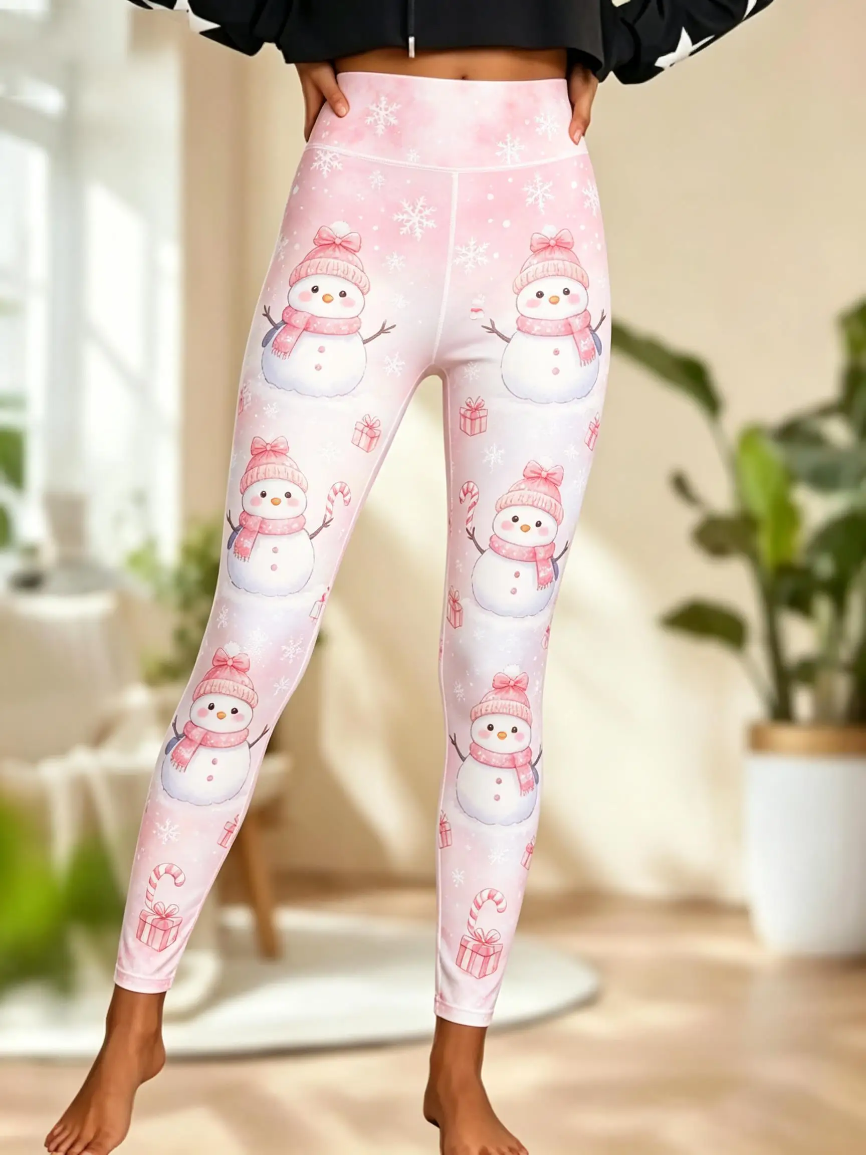 Women Mid Waist Fleece Lined Leggings Christmas Cute Pink Snowman Snowflake Gift Print Slim Stretch Holiday Trousers