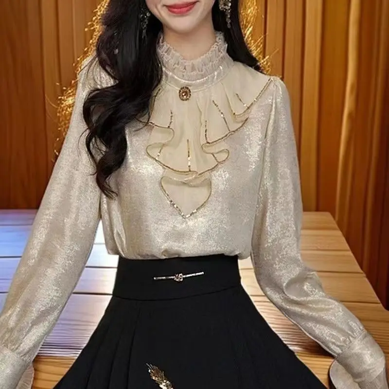 

Женская зимняя фланелевая рубашка 2025 года, элегантная роскошная блузка с базовым слоем, топ в викторианском стиле ​