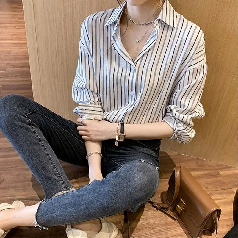 Shirts Women Striped Straight Cool Basic Retro Design All-match Streetwear Casual Gentle Chic Korean Style College Mujer Spring