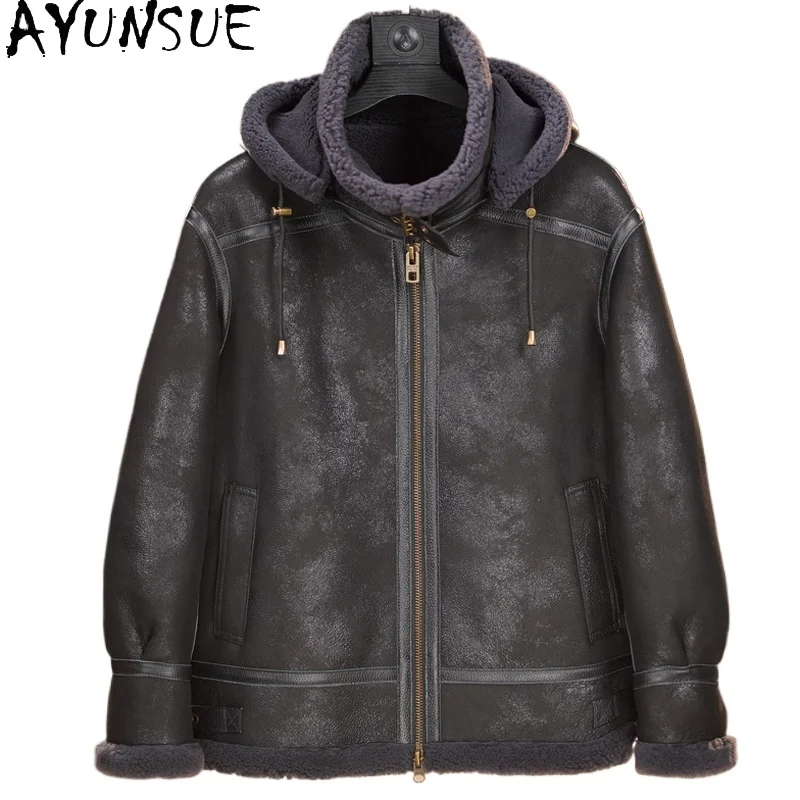 

AYUNSUE 100% натуральная овчина, куртка из натуральной кожи, мужская теплая зимняя шуба с капюшоном из натурального меха, мужские шубы Abrigo Piel Hombre
