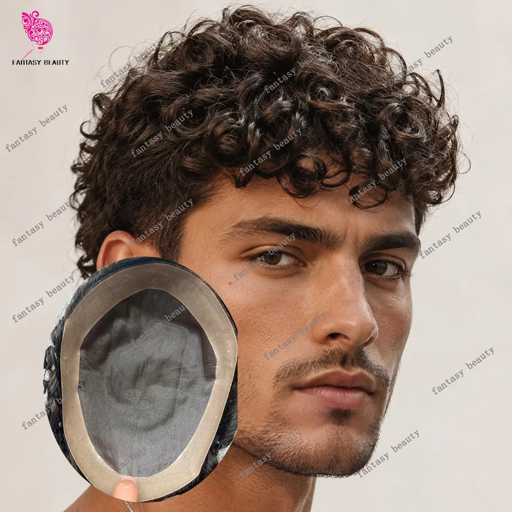 European Light Brown Fine Mono Ventilated Hair 18mm Replacement Piece Natural Lightweight 20mm Curly Human Prosthetic Hairpieces