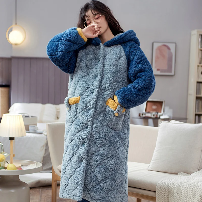 2 Pieces Set Winter Thickened Cotton Clip Robe+Pant Women Comfortable Soft Pyjamas Female Bathrobe With Hooded