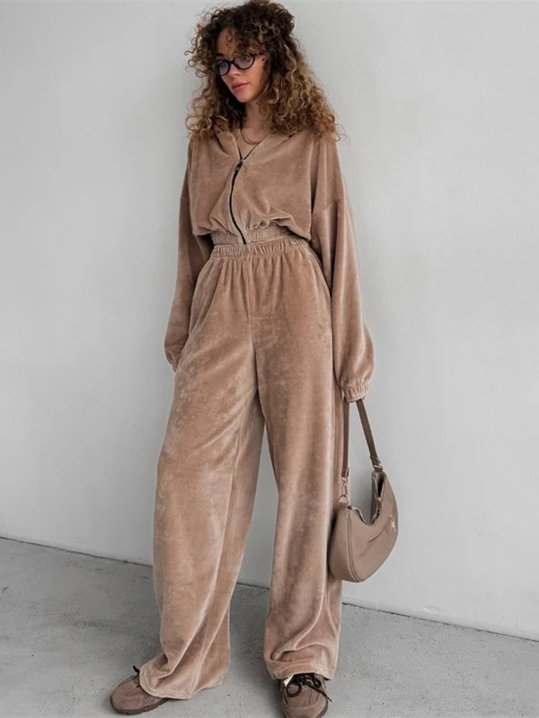 Faionable Hoodie Top Pants Set Women's Casual Sportswear Long Sve High Waist Straight Leg Zipper Loose Fit Autumn Spring