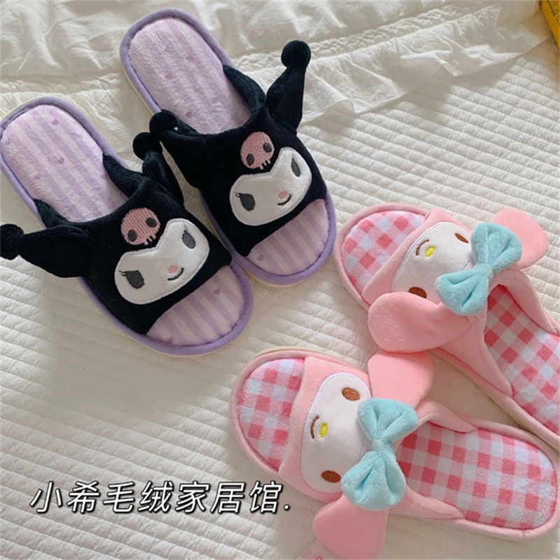 Peep Toe Girl Slippers Japanese Anime Indoor Home Slippers Kawaii Shoes Lady Flat Non-Slip Girl Cartoon Kuromied Spring Autumn