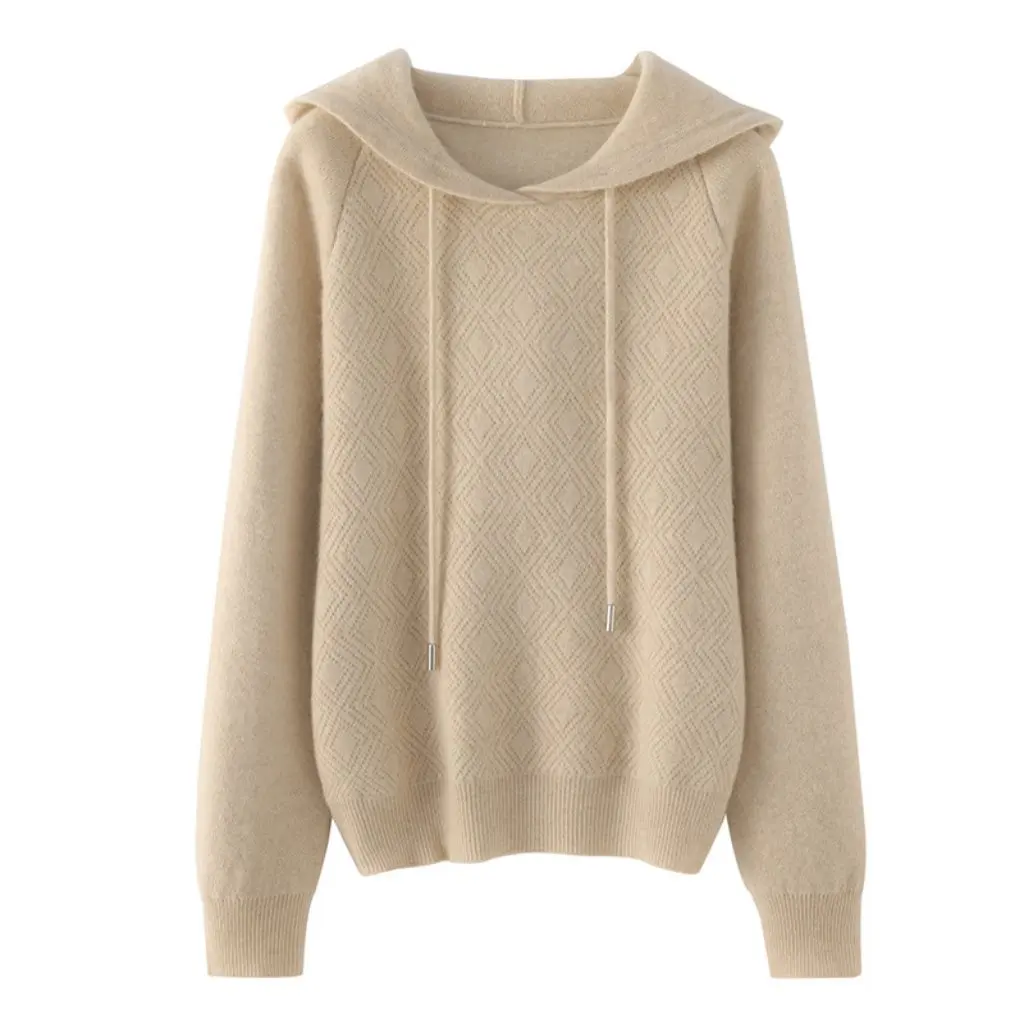 

Women's Diamond Pattern Long-Sleeved Knitted Hoodie Solid Color Base Layer Sweater Autumn Winter Loose Fit All-Match Pullover