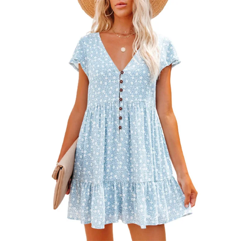 Summer Women Boho Mini Dress Sexy V-neck Short Sleeve Floral Casual Loose Chiffon Dresses 2023 Fashion Ruffles Woman Sundress