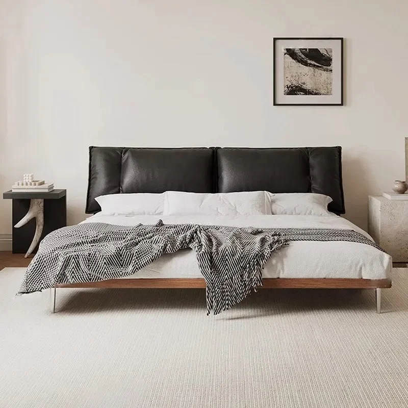 Italian minimalist solid wood leather bed master bedroom first layer cowhide retro double bed ash wood antique wedding bed furni