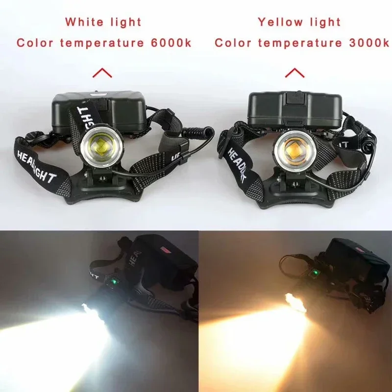 

T130 High Power XHP70.2 LED Yellow / White Light Headlight Rechargeable Headlamp Torch Flashlight Zoom Zoomable Head Lamp