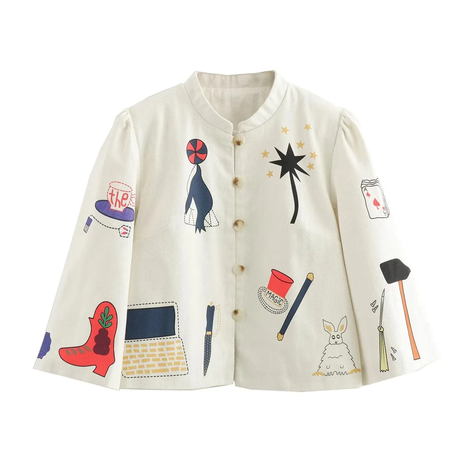 

Spring 2024 Women's ort Printed Long Sve round Ne Jaet Street Sle Cotton Coat Pure Color Casual Faion