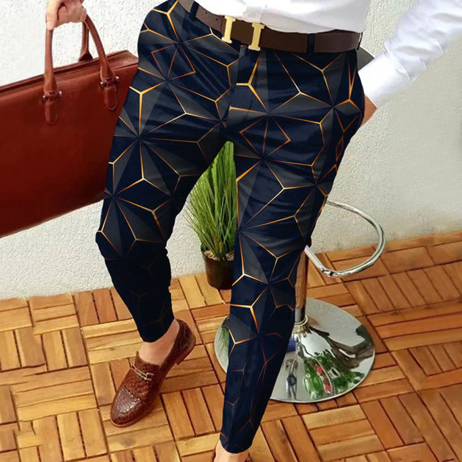 

Men Slim Fit Print Zipper Button Trousers Suit Pants Male Casual Fashion Long Pants