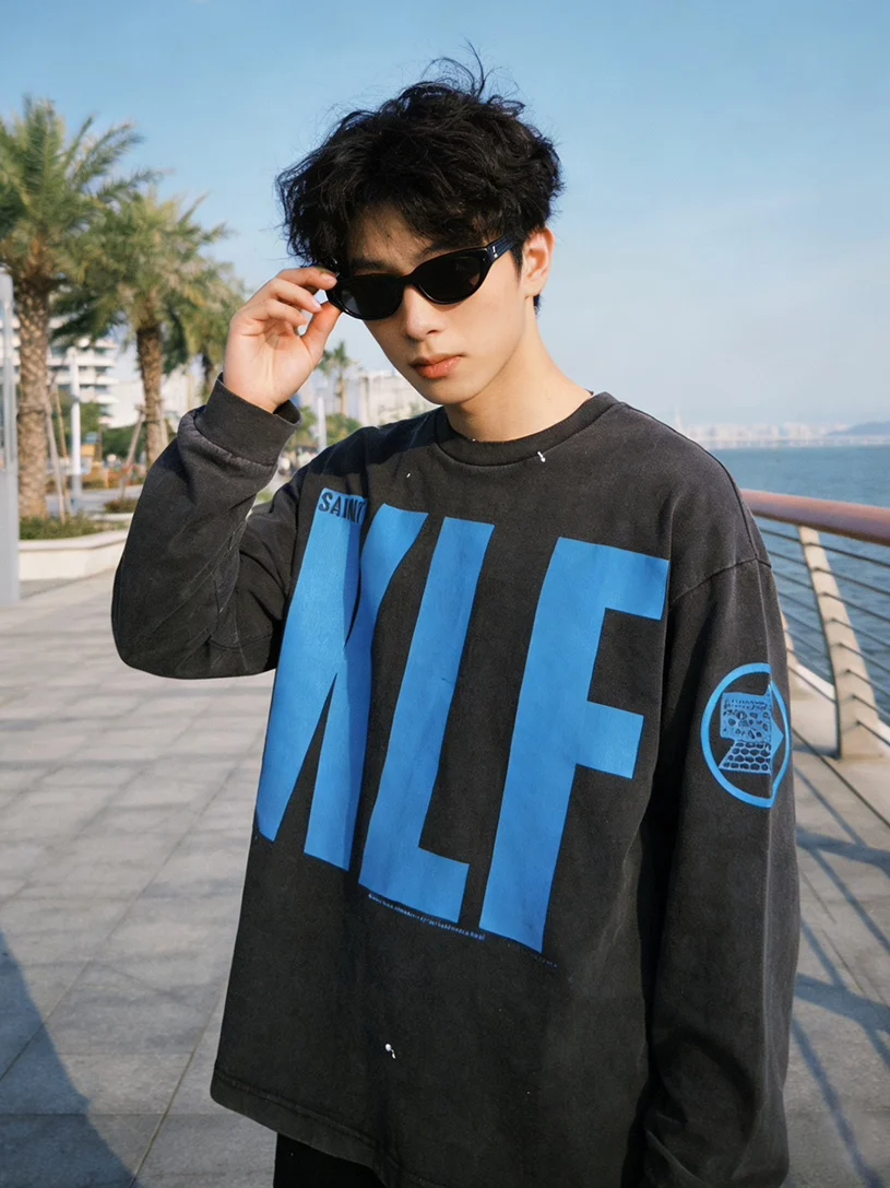 Retro Loose Long Sleeve T-Shirt American High Street Klf Exhibition Limited Crack Letter Print Casual Cotton Breathable for C...