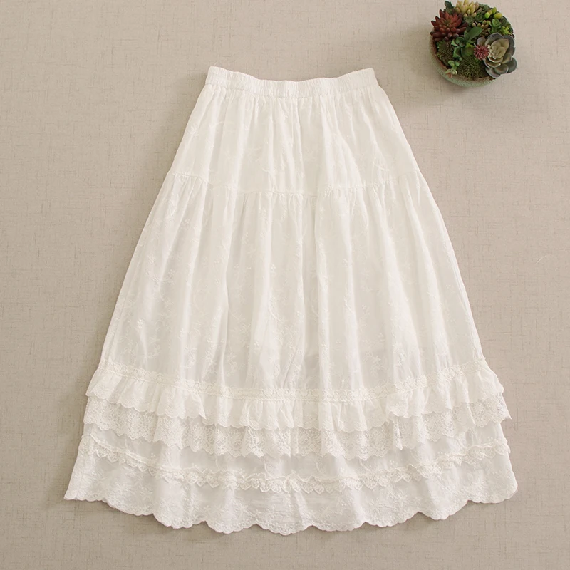 Japanese Sweet Mori Girl Lace Embroidery Cotton Skirts Women Elastic Waist Kawaii Cute Double Layer White Fairy Princess Skirts