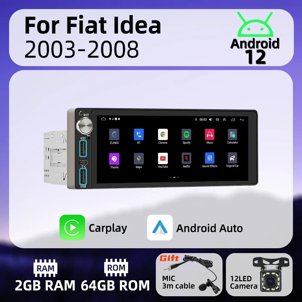 

Wireless Carplay Autoradio 6.86 Inch 1 Din Radio Android Car Multimedia for Fiat Idea 2003-2008 Stereo Head Unit Navigation GPS