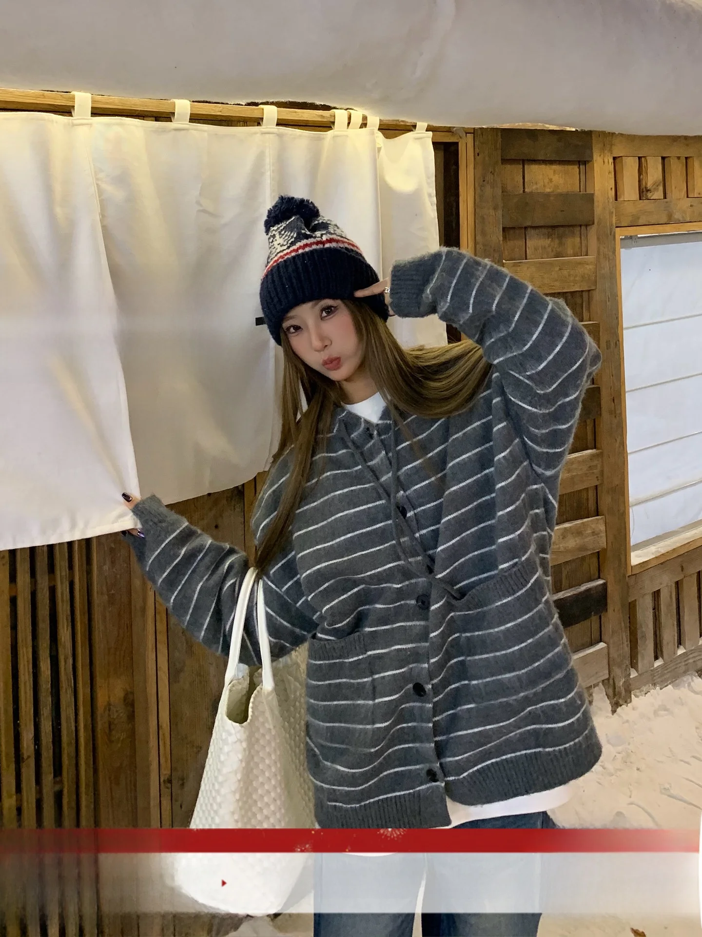 

Women's Winter Knitted Hat Sweater Coat Stripe Pattern Loose Fit Soft And Warm Slimming Versatile Open Cardigan Casual Sle