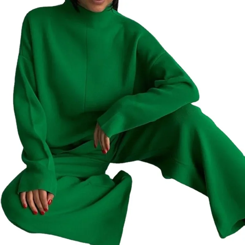 European and American Semi High Neck Sweater Women's Spring and Summer New Loose Solid Color Temperament Knitted Set