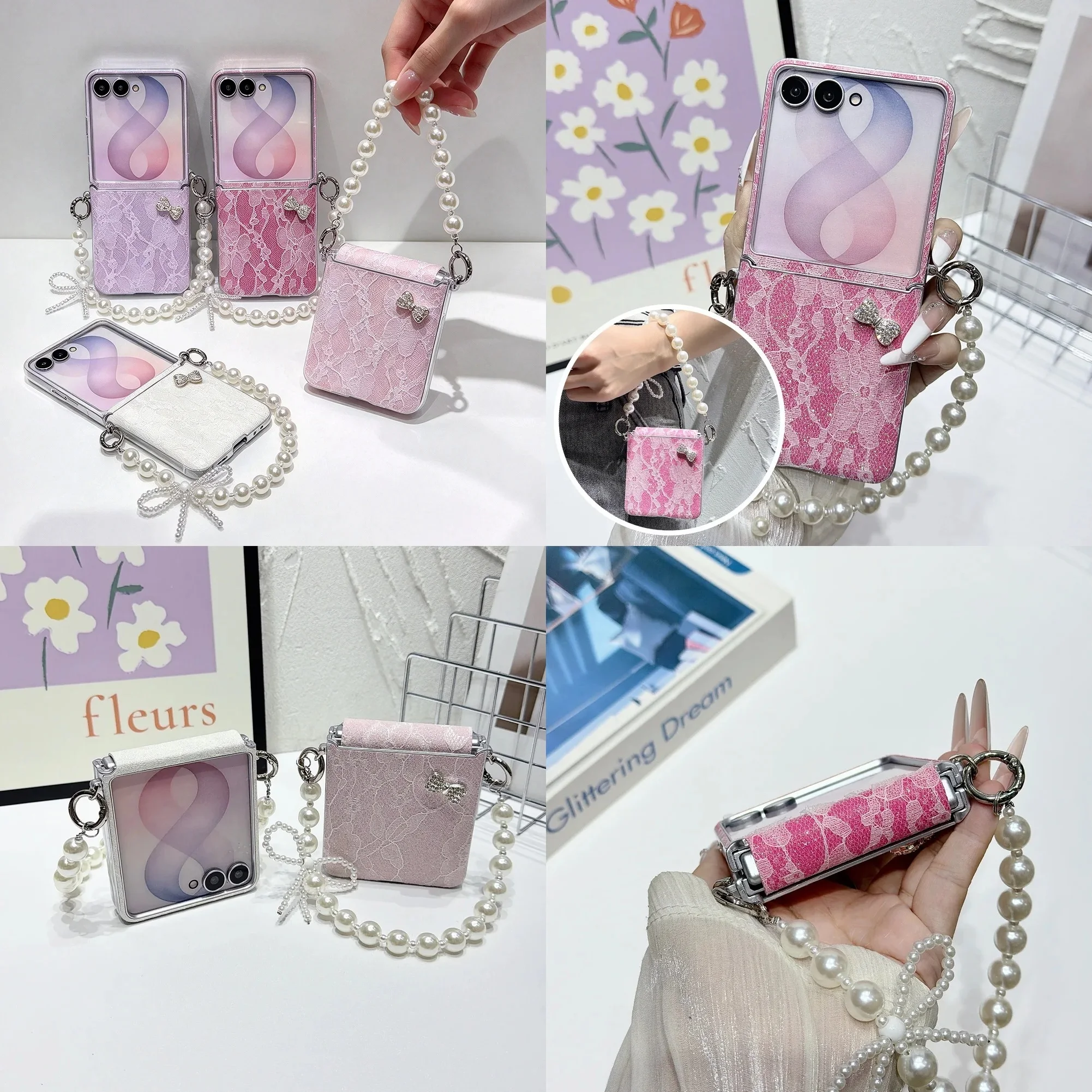 Lace Bow Pearl Bracelet Phone Case For Samsung Z Flip 8 Galaxy Z Flip 7 FE 7 6 5 Silver-edged Side Buckle Protective Cover
