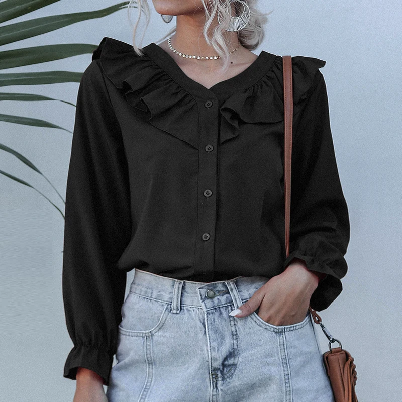 

Sweet Girls Ruffles V Neck Shirt Daily Casual Tops Autumn Long Sleeve Women Blouses Solid Korean Streetwear chemisier femme 여름 옷