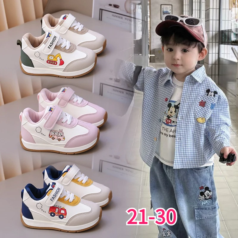 Kids Sneakers All‑Season Cartoon Car Print PU Leather Anti Slip Soft Children Shoes Breathable Mesh Trainers Boys Girls Shoes