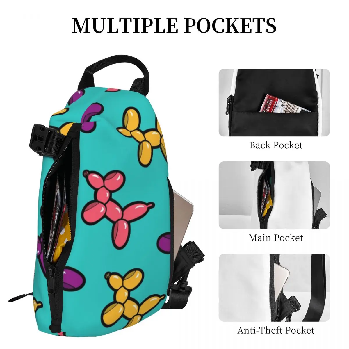 Balloon Animal Chest Bags Male Colorful Dogs Print Designer Shoulder Bag Fun School Small Bag Cycling Fishing Sling Bags