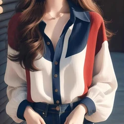 2024 Early Autumn New Women's Cold Style Feeling Unique and Super Good-looking Loose Top Contrasting Lantern Sleeve Shirt