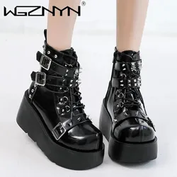 NEW Ladies Wedges High Heels Boots Metal Decor Buckle Punk Platform Women Boots Party Gothic Street Woman Shoes Knight Boots