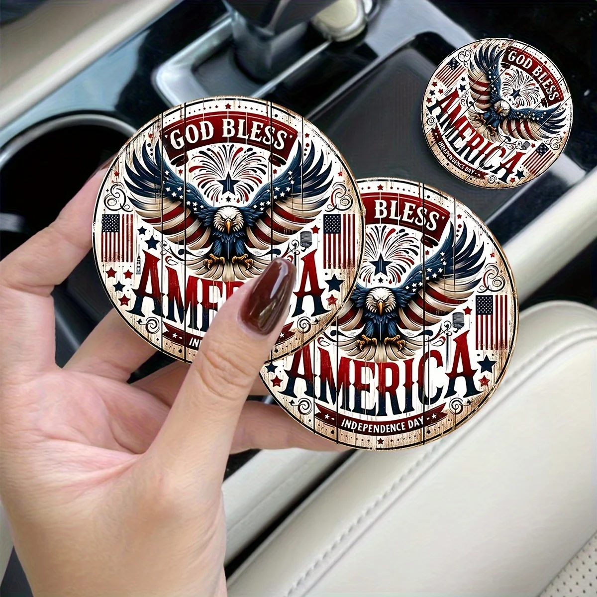 Set Of 2 Patriotic Coasters Featuring The American Flag - Non-Slip, Waterproof, Universal Car Cup Holder Mats, Suitable For Inde