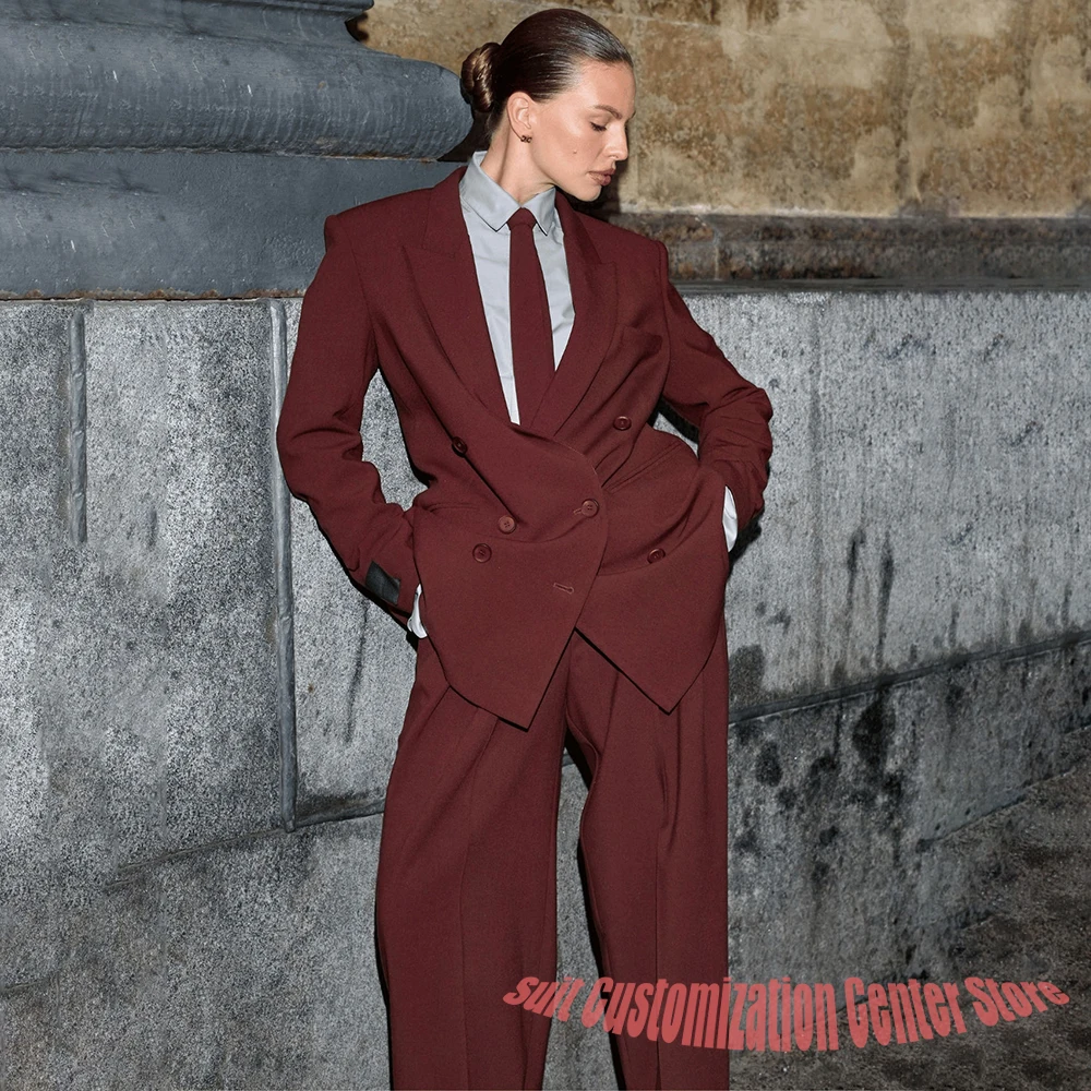 

Женский бордовый двубортный костюм, комплект из двух предметов: куртка + брюки, официальная офисная повседневная одежда на заказ, наряд для вечеринки