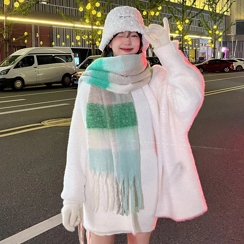 New Fashion Design Muffler Female Fairy Powder Gradual Change Tassel Mohair Scarf Women Winter Thermal Imitation Cashmere Scarf