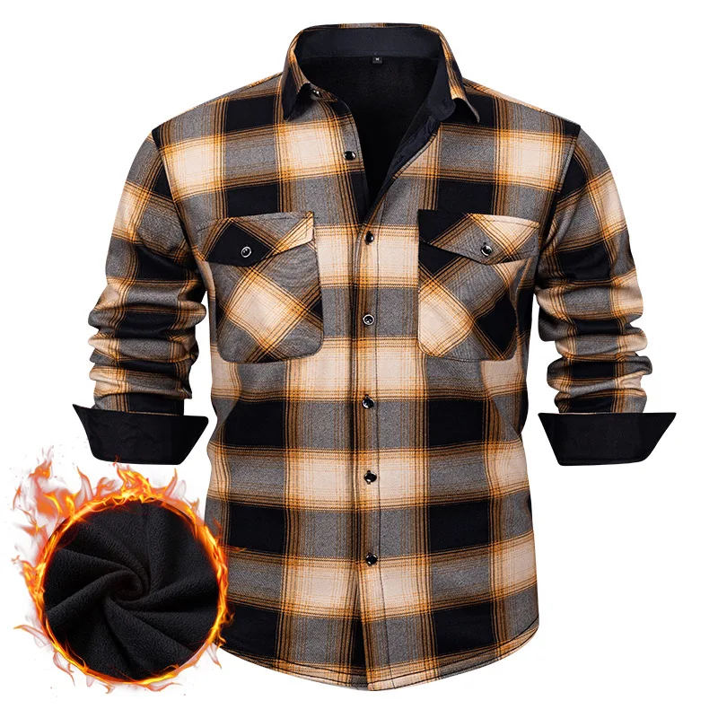 Mens Flannel Plaid Shirt Long Sleeve Casual Jacket High End Warm Winter Autumn Overshirt Fashion Top Soft Lined