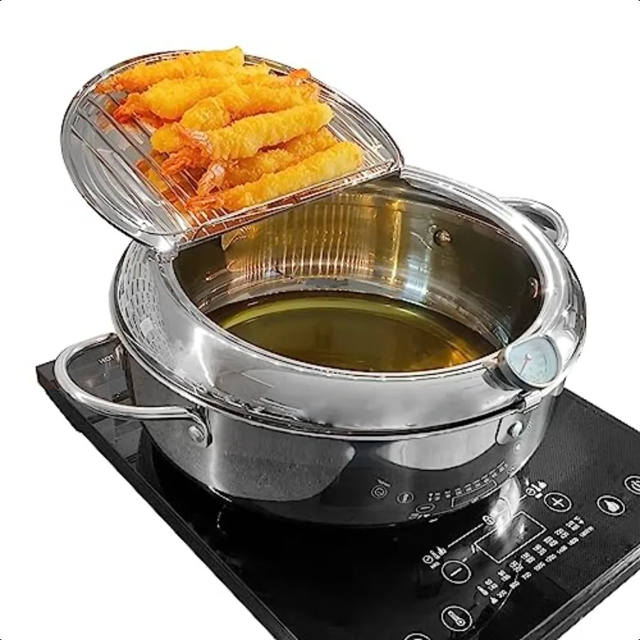 

Deep Fryer Pot F 11 4.4Qt (4.2 L) Extra Large Tempura Frying Pot with Lid 304 Stainl Steel Fry Pot with Fahrenheit Thermometer