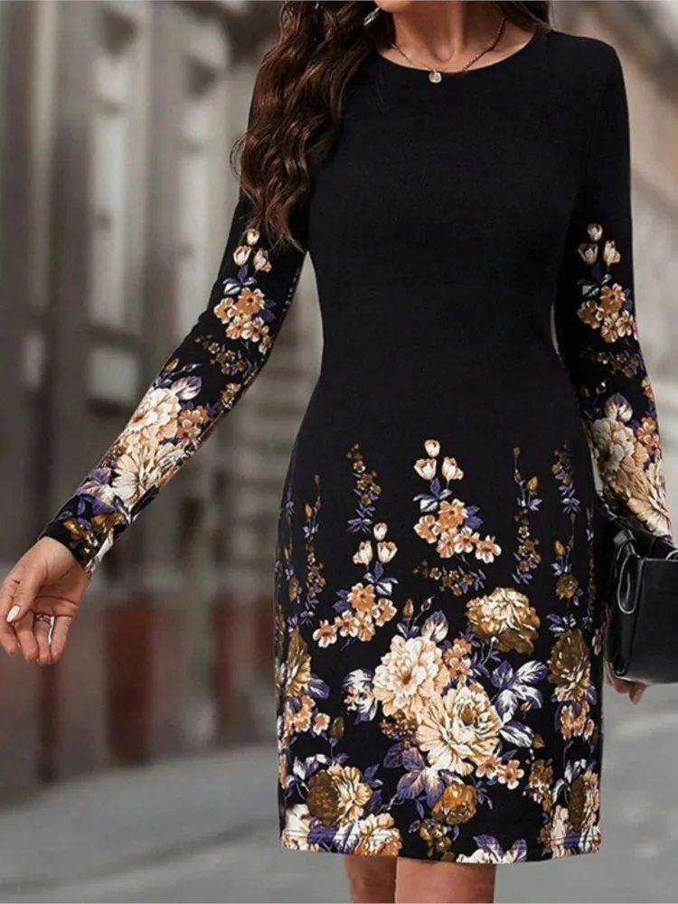 

Fashion Floral Print Dress Lady Casual O Neck Long Sleeve Package Hip Mini Dresses For Women Elegant Office Womens Clothing New