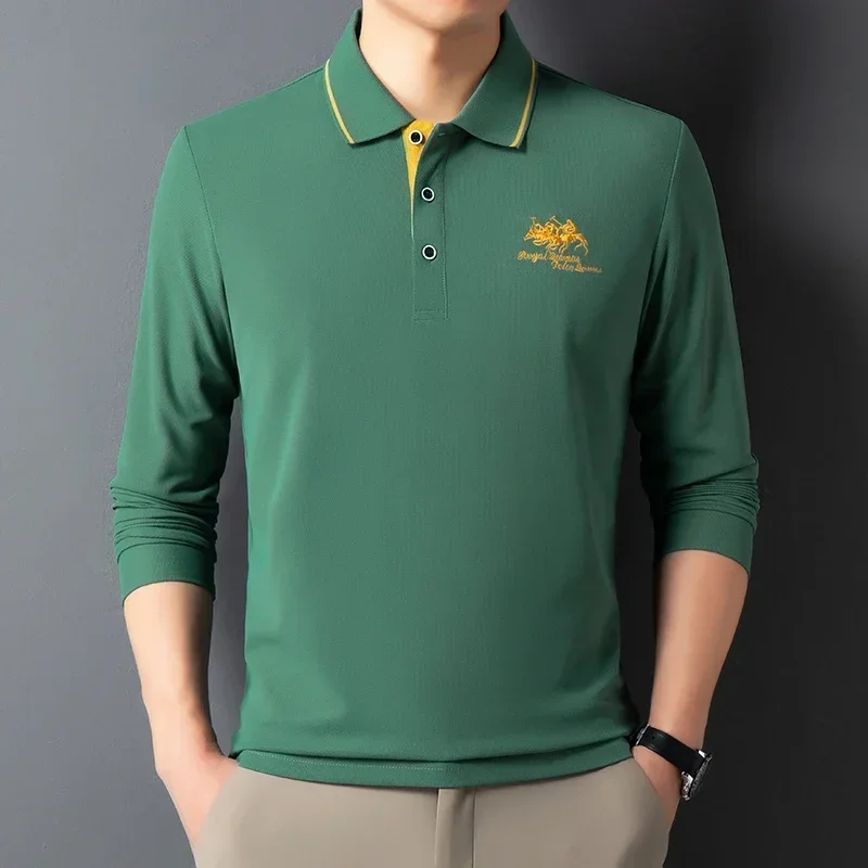 العلامة التجارية الكورية العصرية الفاخرة الساخن بيع الرجال طويلة الأكمام تي شيرت قميص بولو مطرز فضفاض حجم كبير بلون قاعدة قميص #4