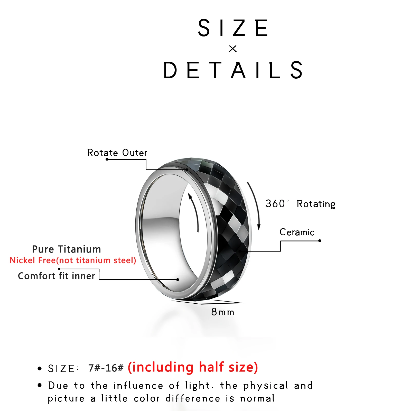 8mm Titanium Fidget Wedding Rings Hammered/Faceted Black Ceramic Spinner For Men Couple Nickel Free Anxiety Relieving Engagement