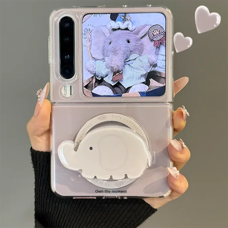 zflip7 Case with Magnetic Elephant Stand Cute Flip Phone Cases For Samsung Z Flip 7 6 5/Xiaomi mix flip Cover Grey Purple Clear