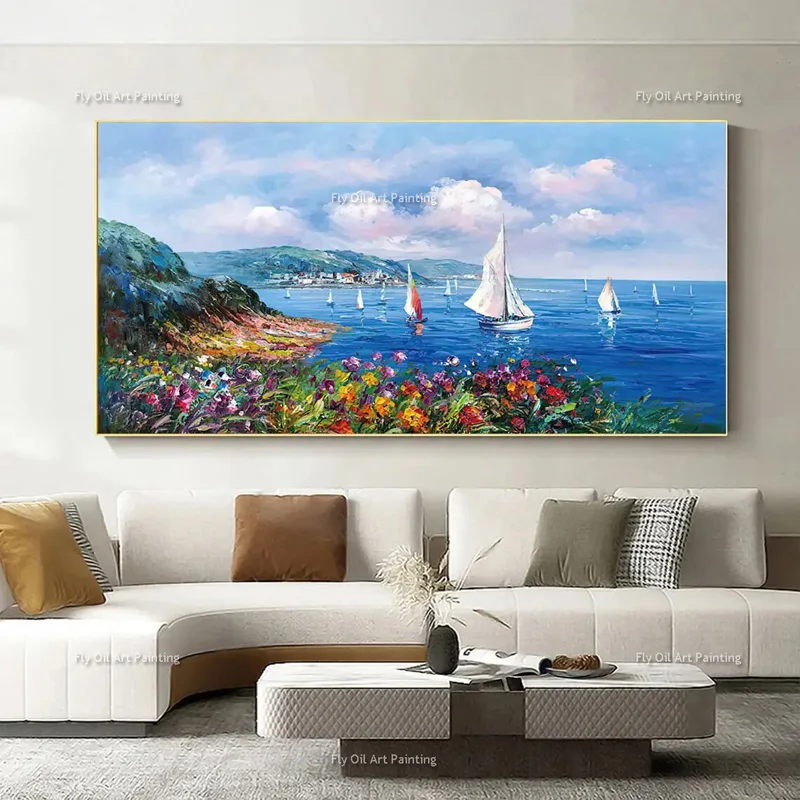 Modern Style Vibrant Seaside Floral Seascape Wall Decor Popular Nice Living Room Art Hand Painted Oil Painting For House Gifts