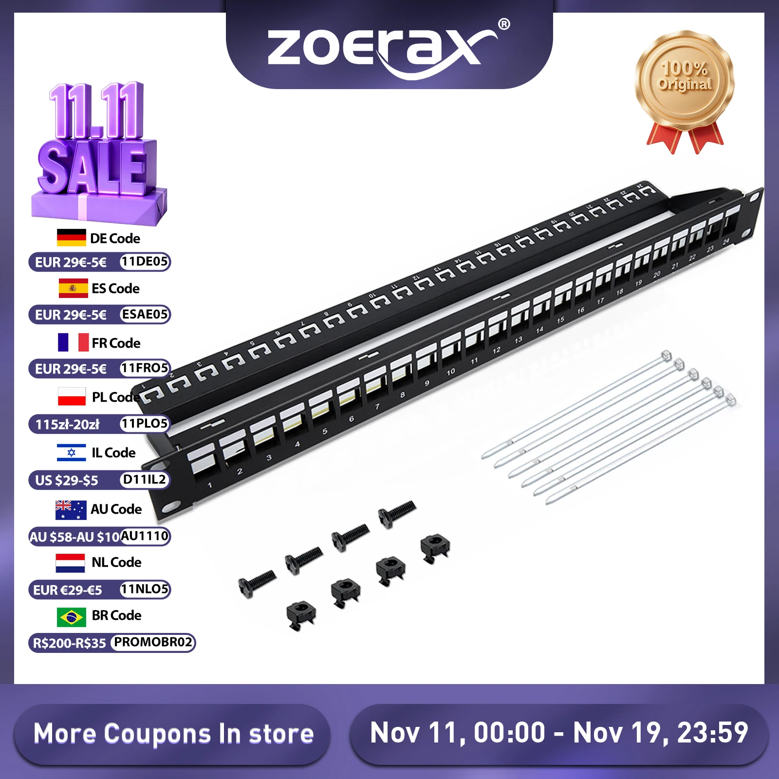 ZoeRax 24-портовая патч-панель RJ45 Cat6/Cat6a/Cat7, сетевая патч-панель сцепления RJ45, 19 дюймов